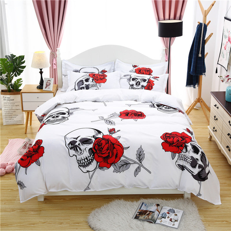 Skull with Red Roses White Quilt Cover Set