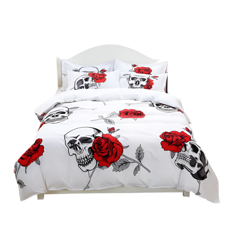 Skull with Red Roses White Quilt Cover Set bedding set