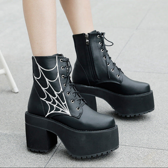 Spider Web Boots Vegan Leather Platform Shoes Womens