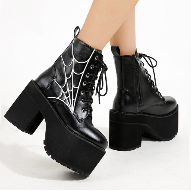 Spider Web Boots Vegan Leather Platform Shoes Womens