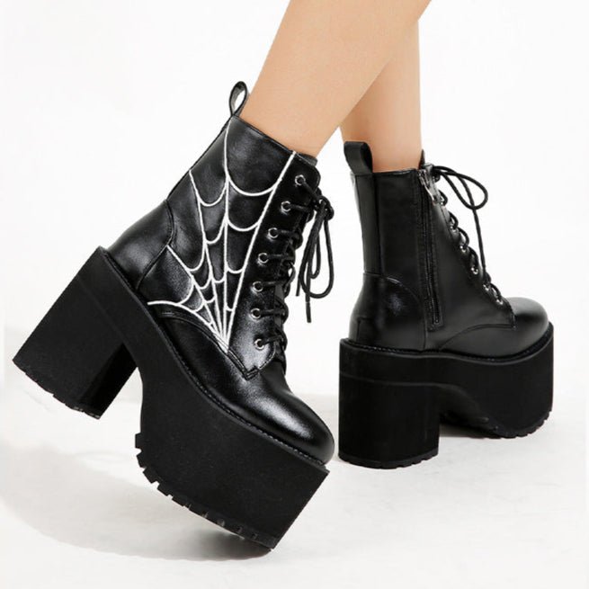 Spider Web Boots Vegan Leather Platform Shoes Womens