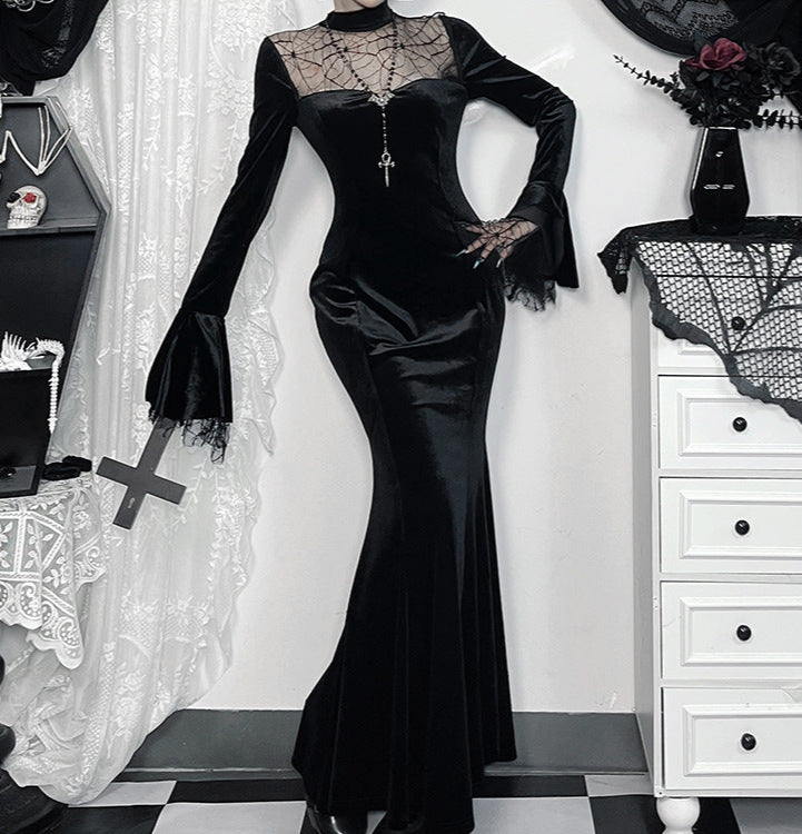 spiderweb lace dress Black Penny Maxi dress with Flocked Spiderwebs