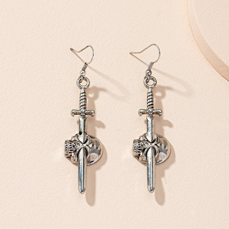 Steel Skull Sword Earrings Womens