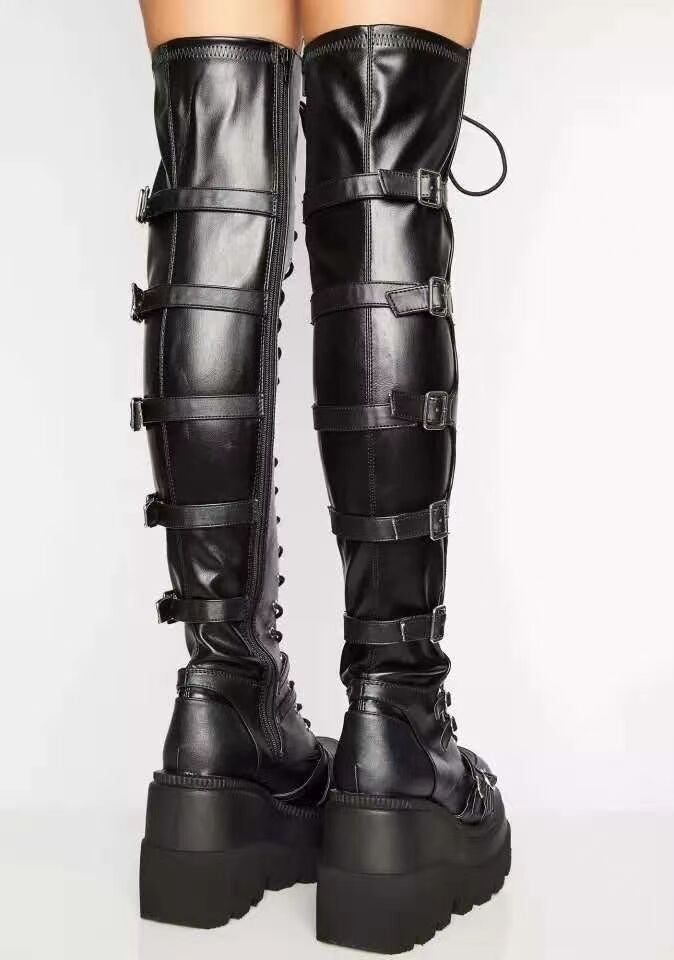 black Thigh High Lace Up Boots Womens