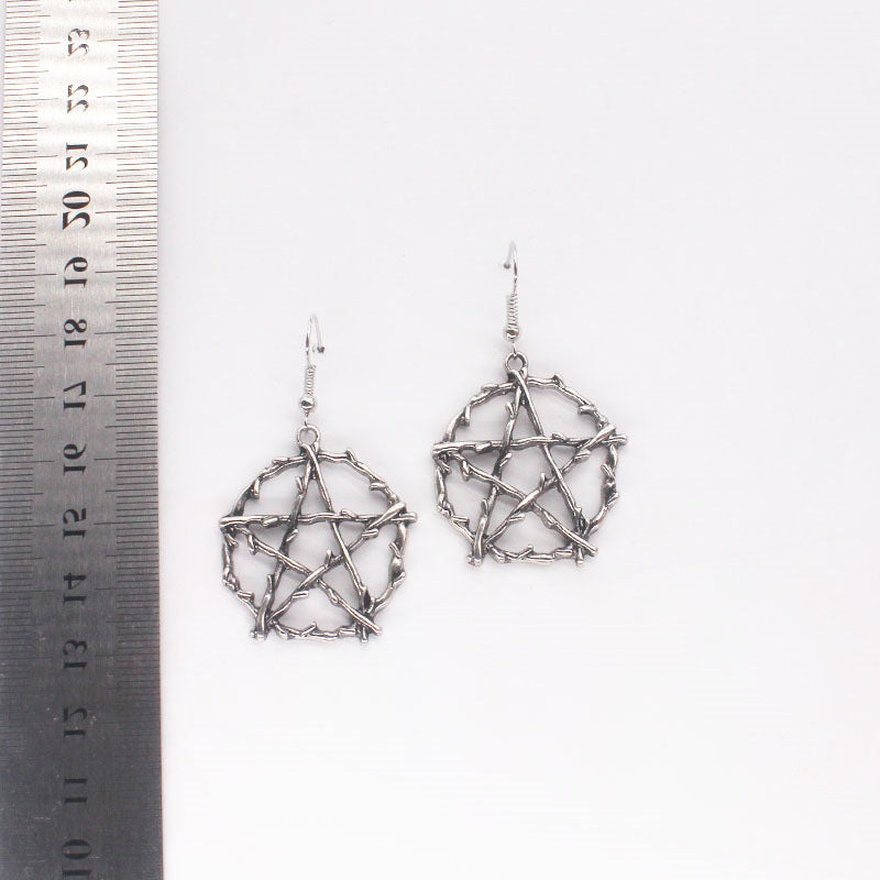 Thorn Pentagram Earrings Silver Metal