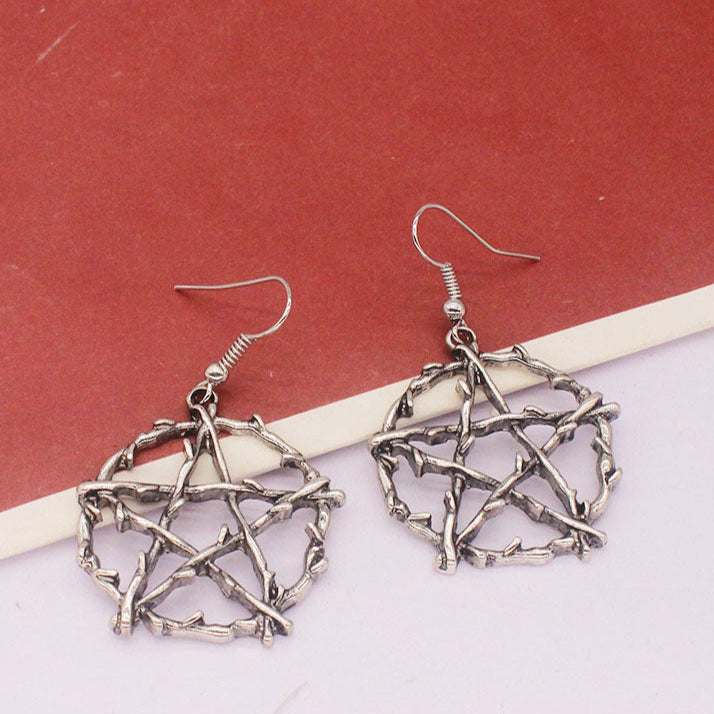 Thorn Pentagram Earrings Silver Metal