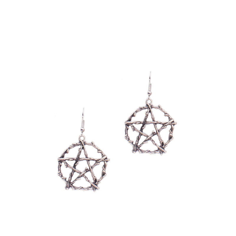 Thorn Pentagram Earrings Silver Metal
