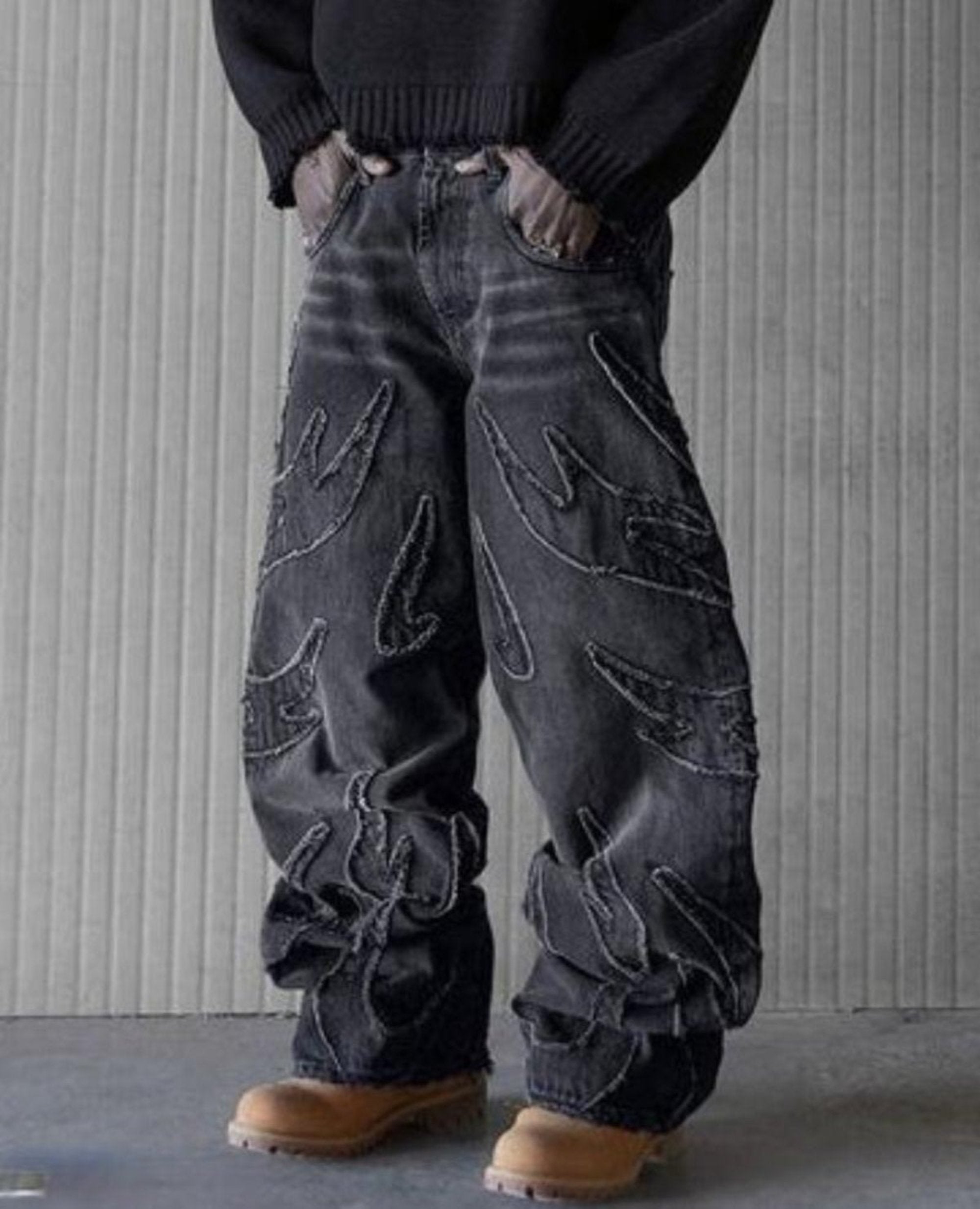 Unique Wide-Leg Pants with 3D Fire Embroidery