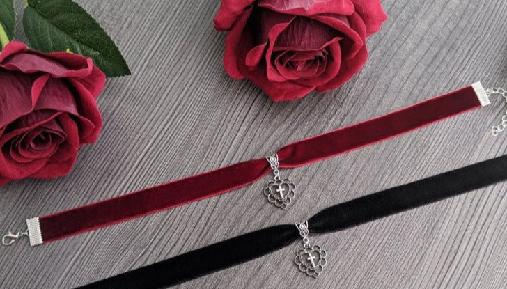 Red Gothic Velvet Collar Heart Cross Choker