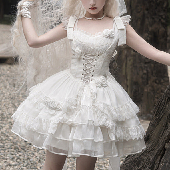 White Goth Dress - Puffy with White Roses