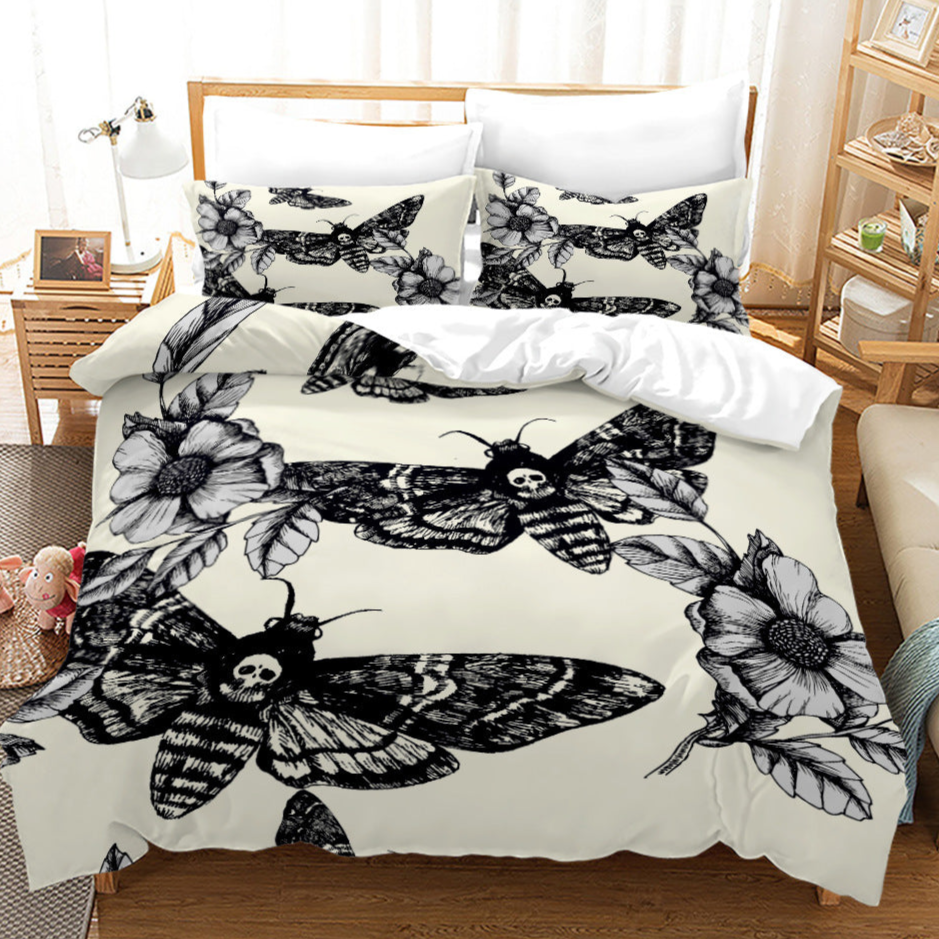 floral White Goth Skull Butterfly Bed Set