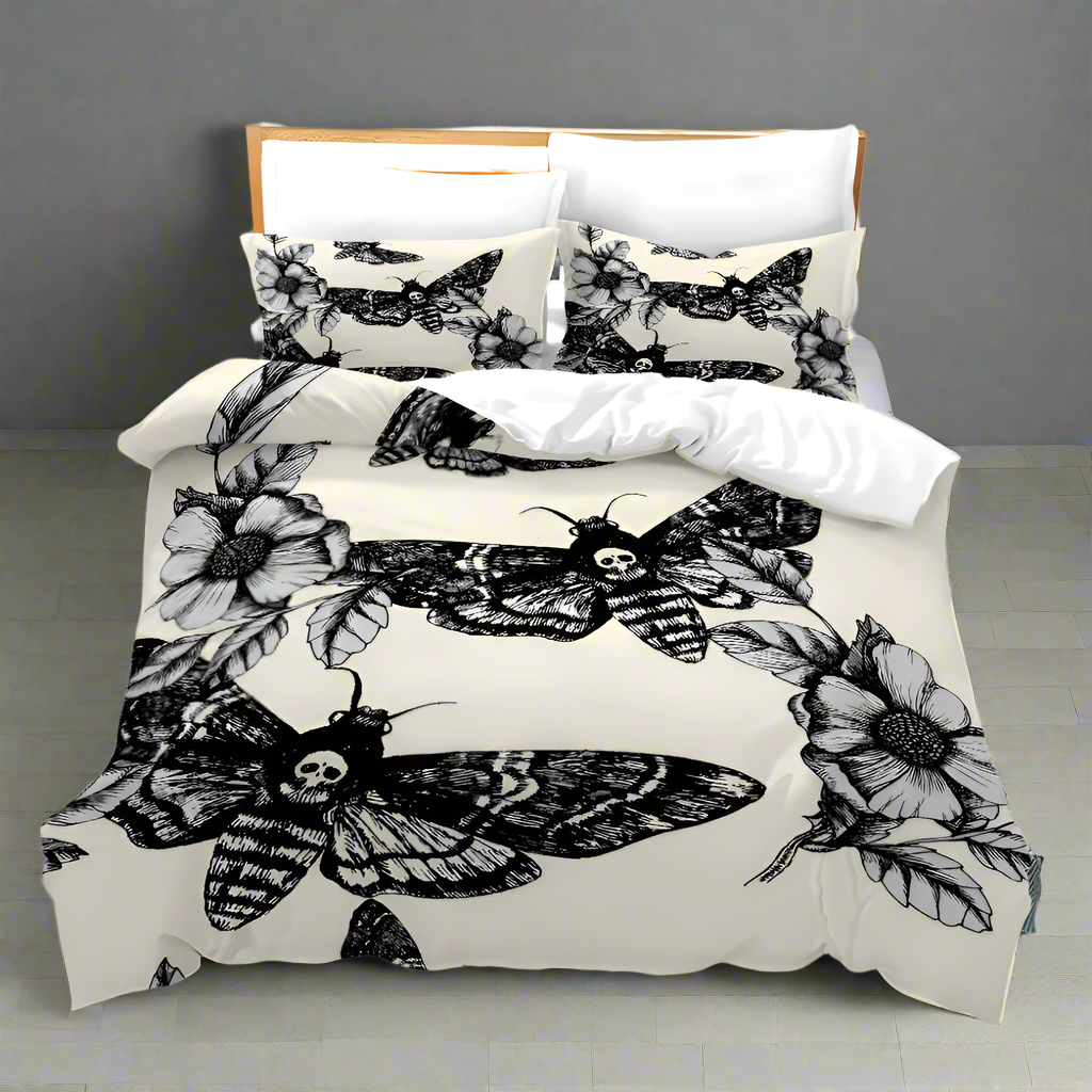 White Goth Skull Butterfly Bed Set duvet cover and pillowcases set