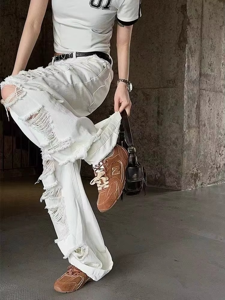White Ripped Oversized Jeans women