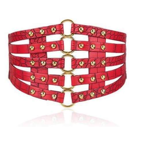 red Wide Goth Multi Layer Belt Leather Womens
