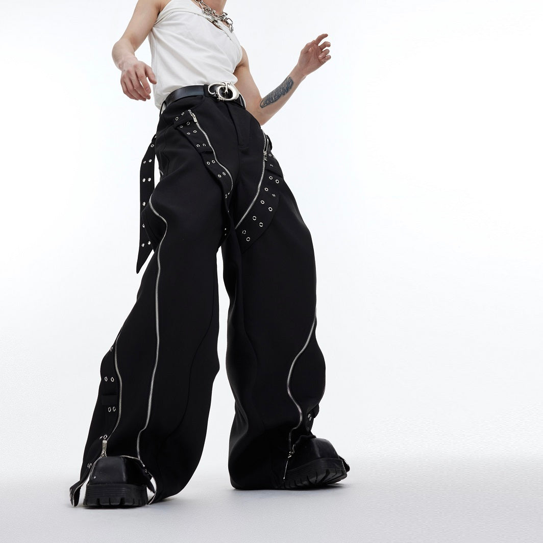 Wide Leg Metal Zipper Punk Trousers