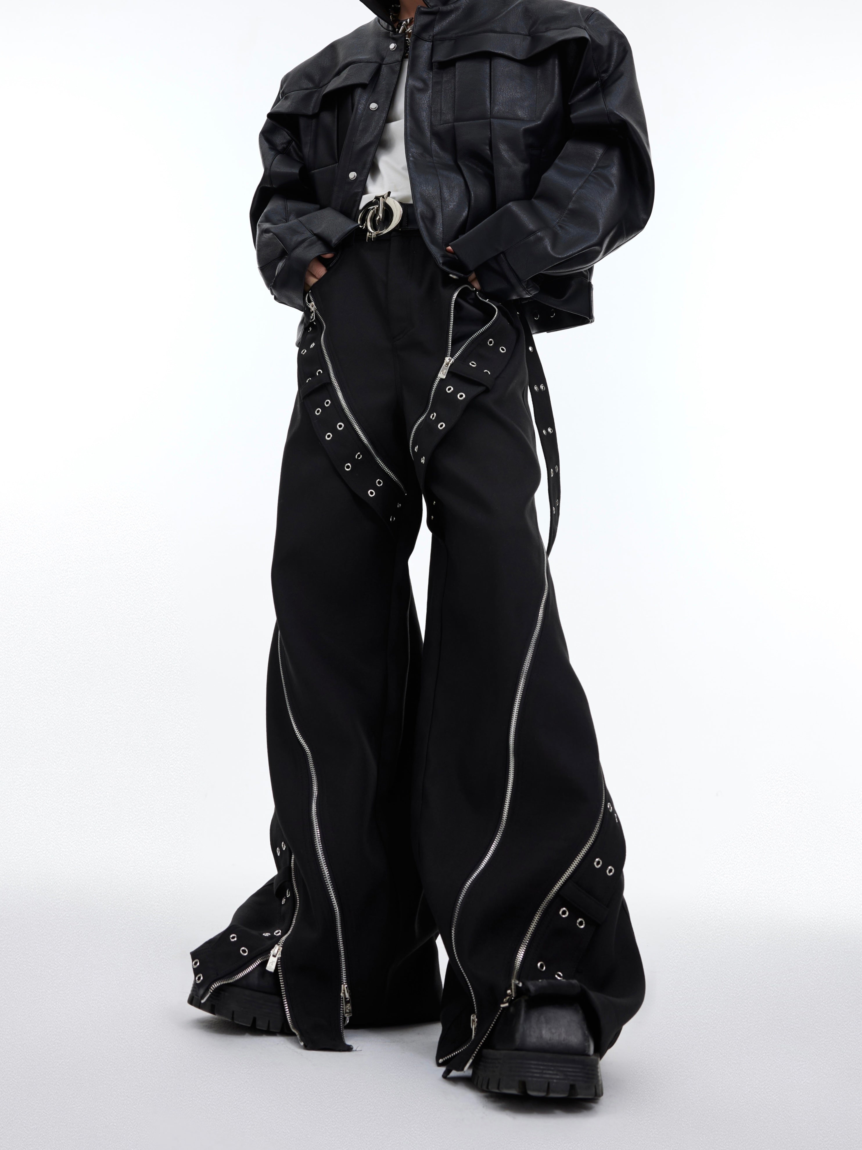 mens Wide Leg Metal Zipper Punk Trousers