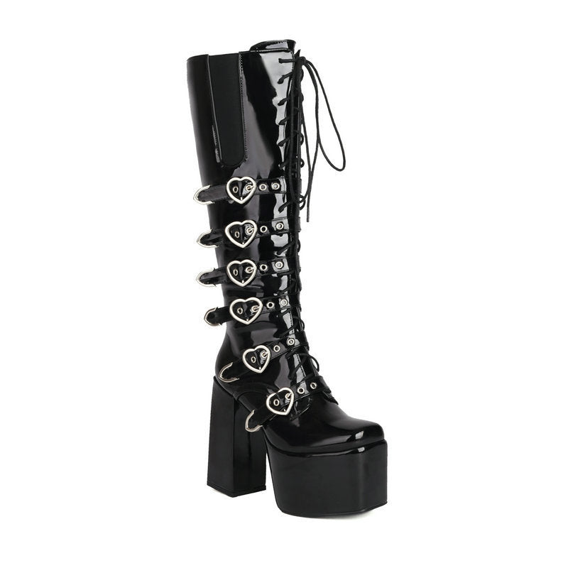 Womens High Heel Boots Heart Buckle Straps