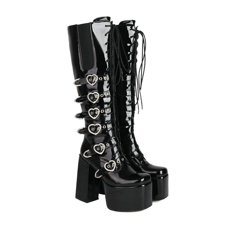 Womens High Heel Boots Heart Buckle Straps