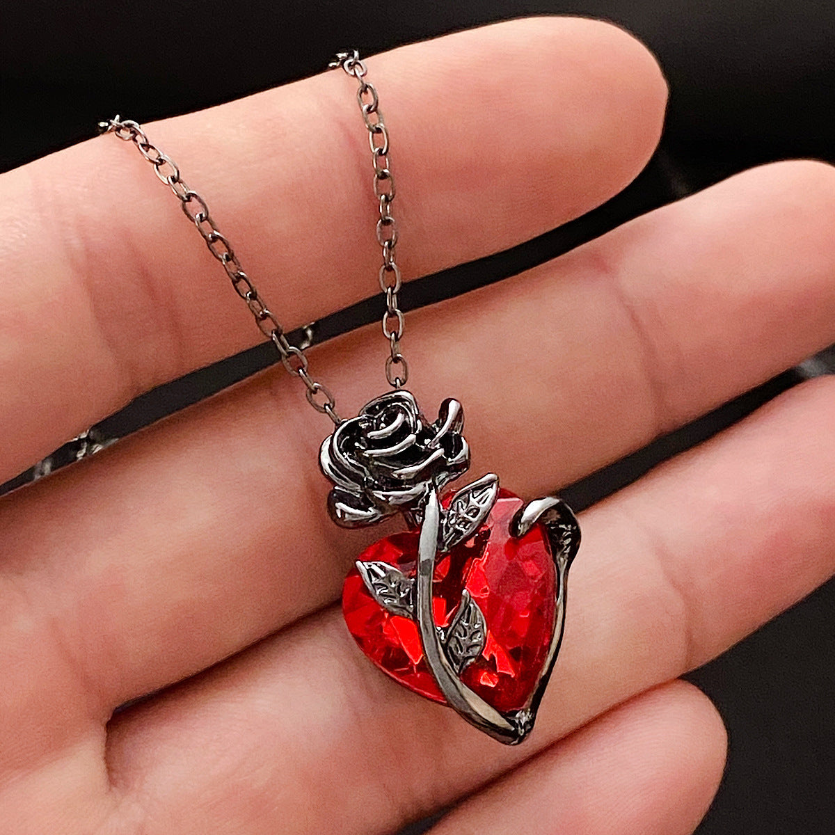 Rose Flower Red Heart Necklace