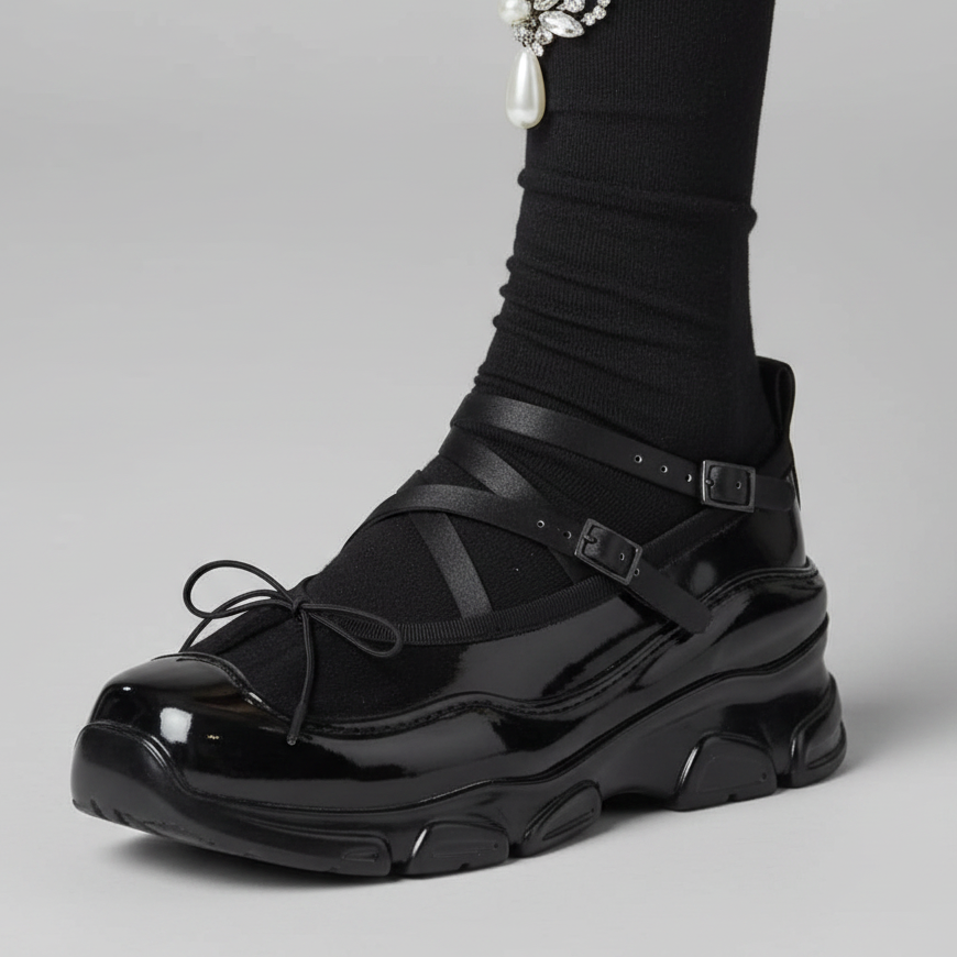 A black chunky platform shoe with multiple straps and a lace-up detail on the toe, shown worn with a black sock featuring a silver floral embellishment, against a neutral gray background.