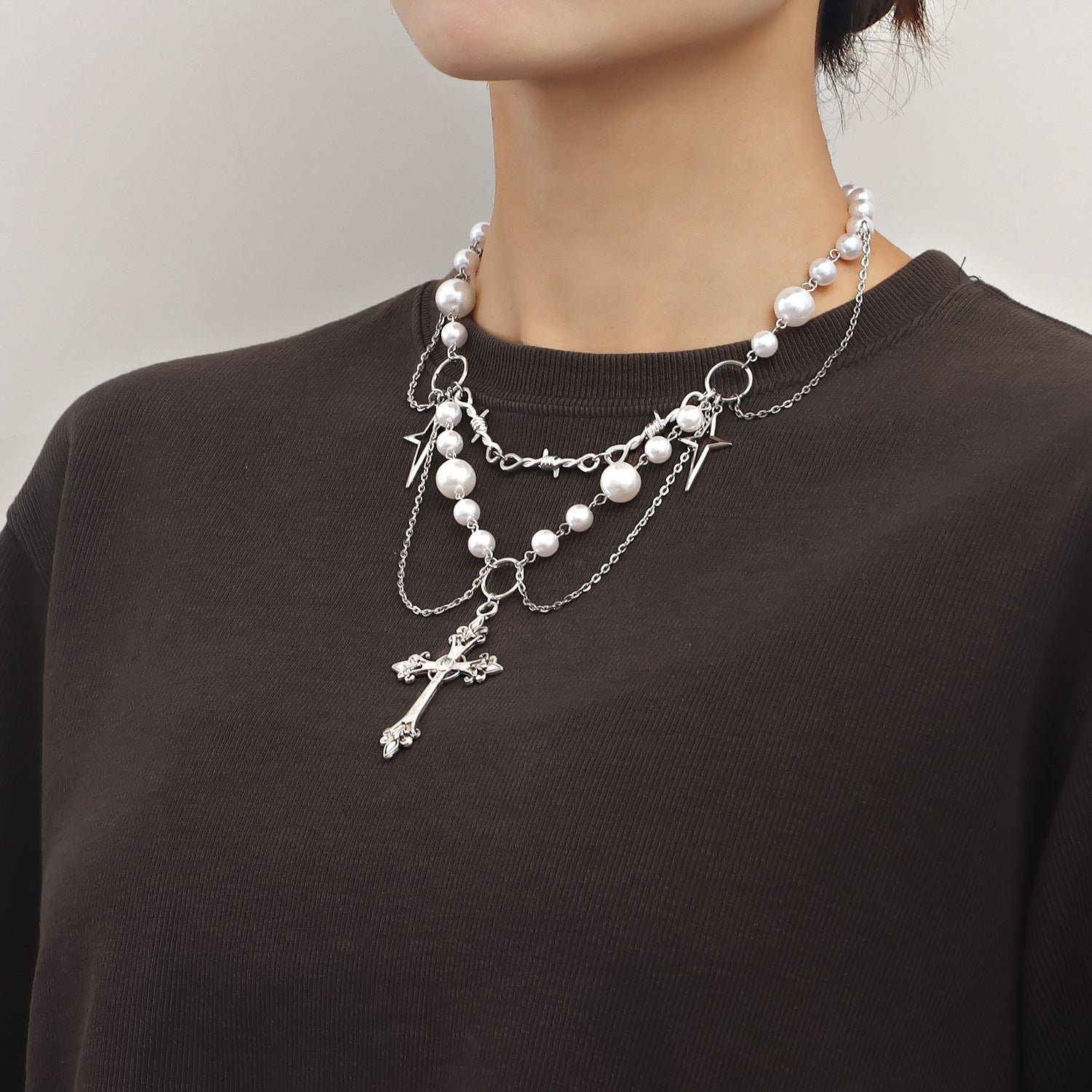 alt Layered Pearl Cross Star Necklace