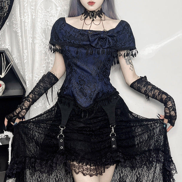 straps Gothic Sheer Lace Skirt with Top Set Co Ord