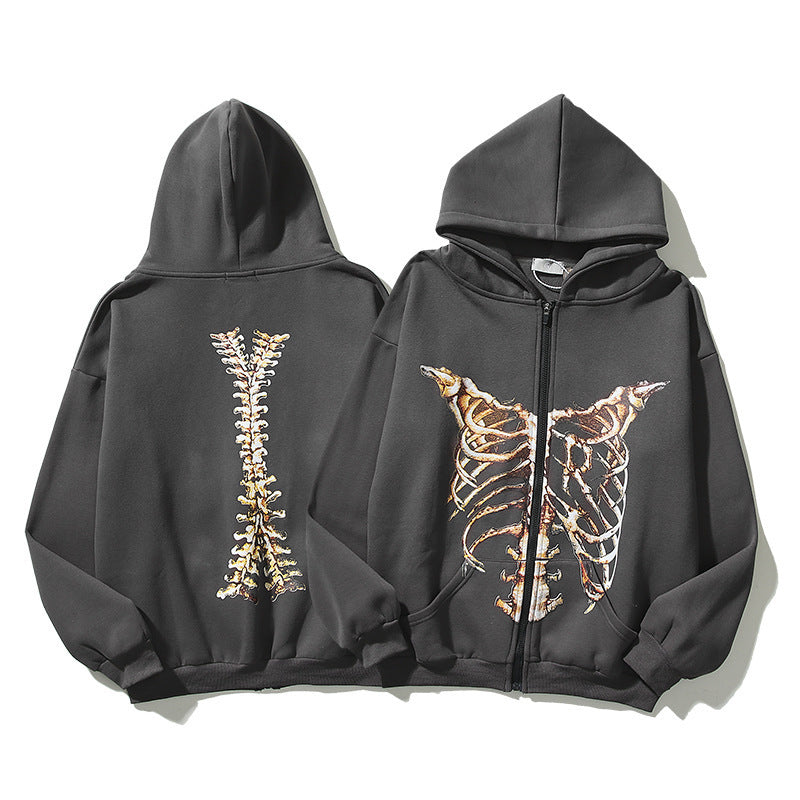 alternative gothic Skeleton Zip-Up Hooded Cardigan Sweatshirt for Men