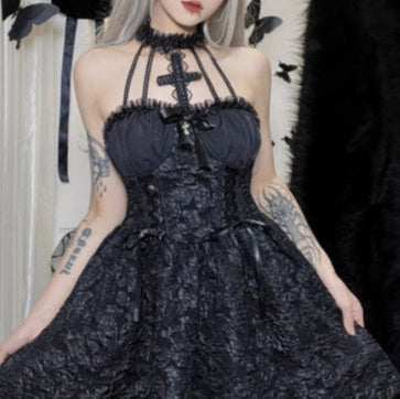 blackless Black Mini Goth Dress with Cross Neck