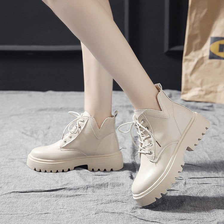 beige Casual Low Flat Boots Womens