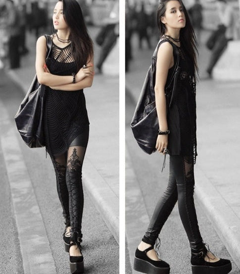 Goth Leather Leggings with Sheer Lace