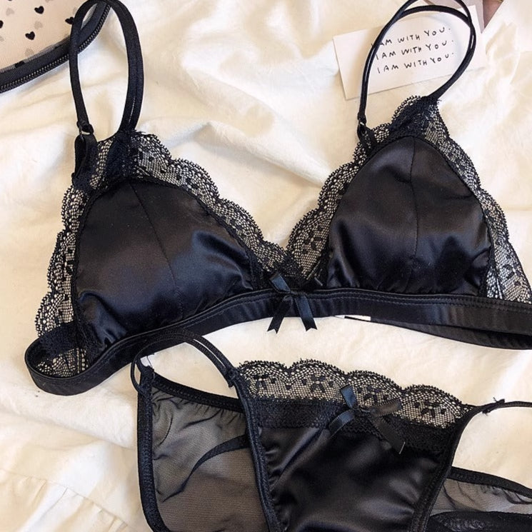 black Alt Bralette and Panties Set Black Satin