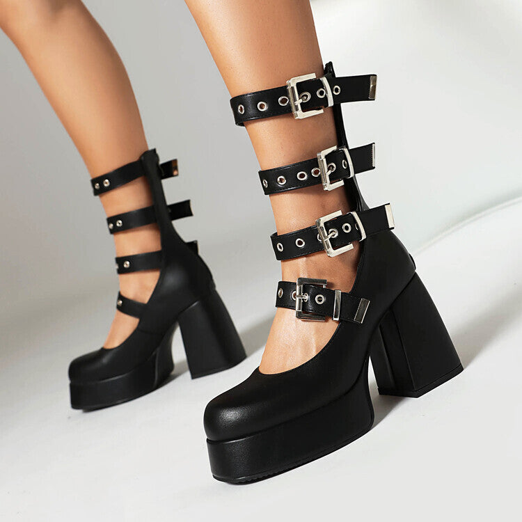 black Buckle Goth Chunky Heels
