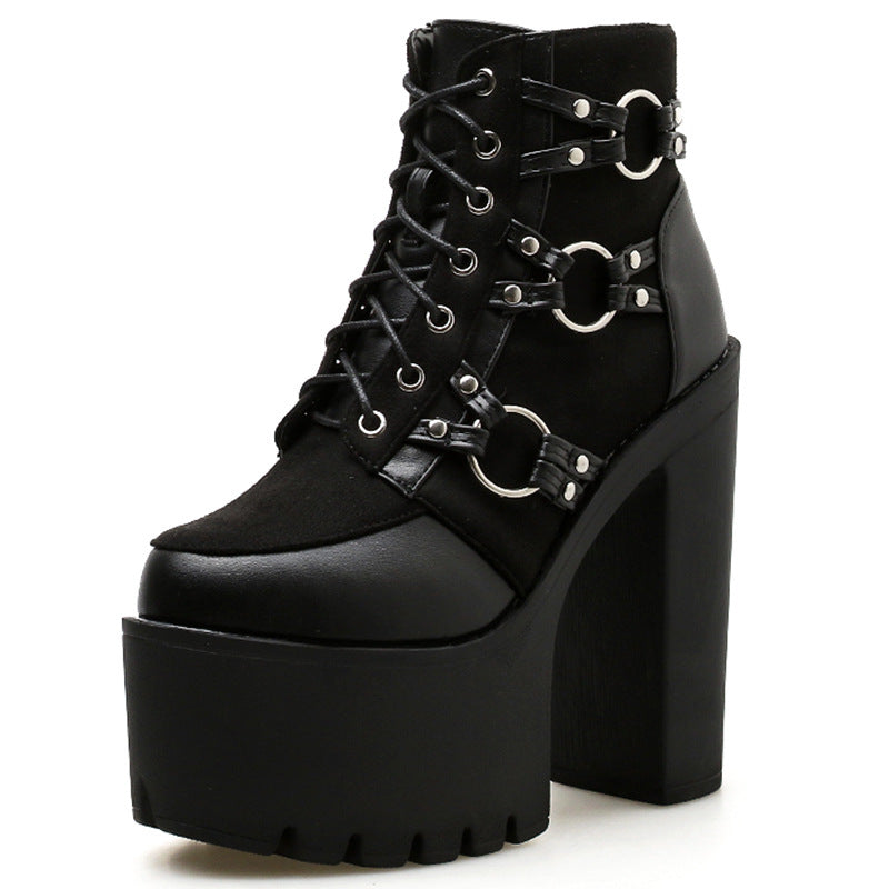 black Chunky Suede Gothic Boots Women