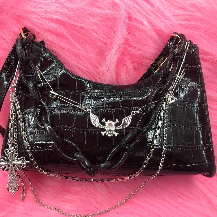 Cross Chain Gothic Shoulder Bag Black croc Leather
