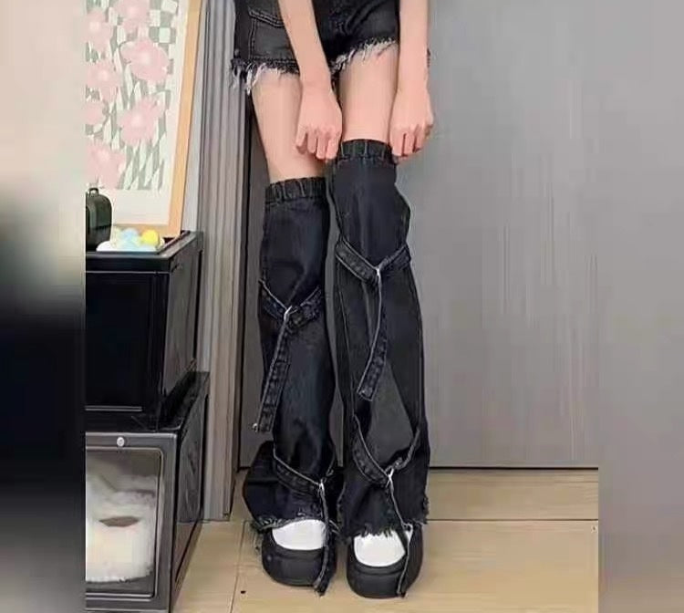 y2k alternative goth Denim Shorts with Leg Warmers Set