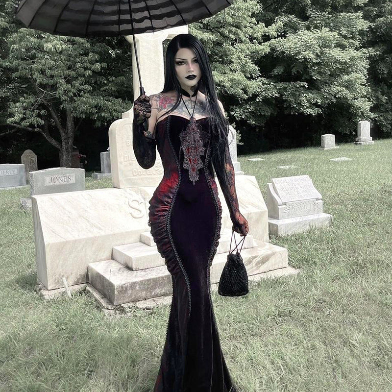 black Embroidered Formal Goth Dress red
