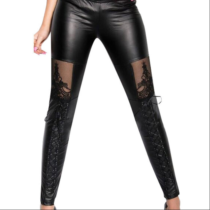 black Goth Leather Leggings with Sheer Lace cuts