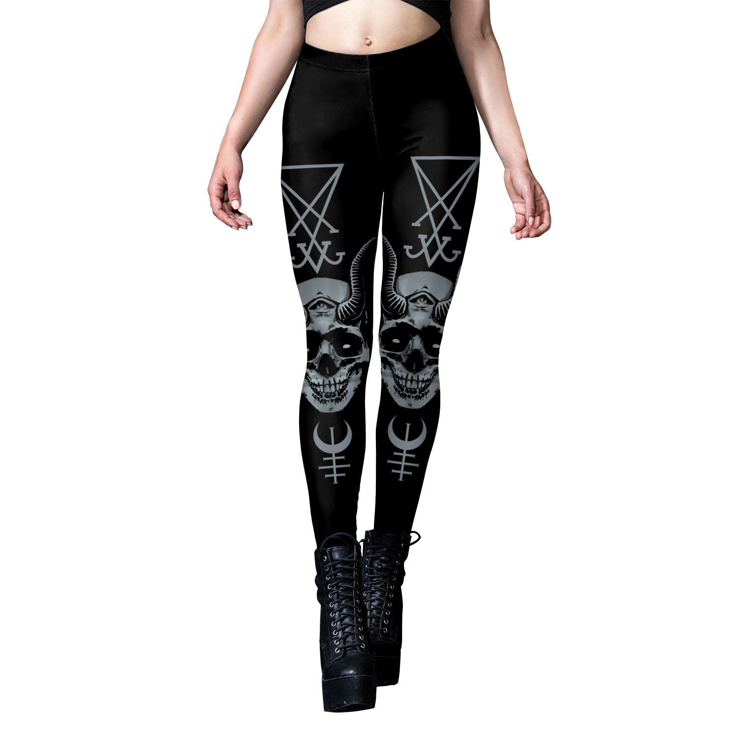 black Goth Yoga Pants with Gothic Print