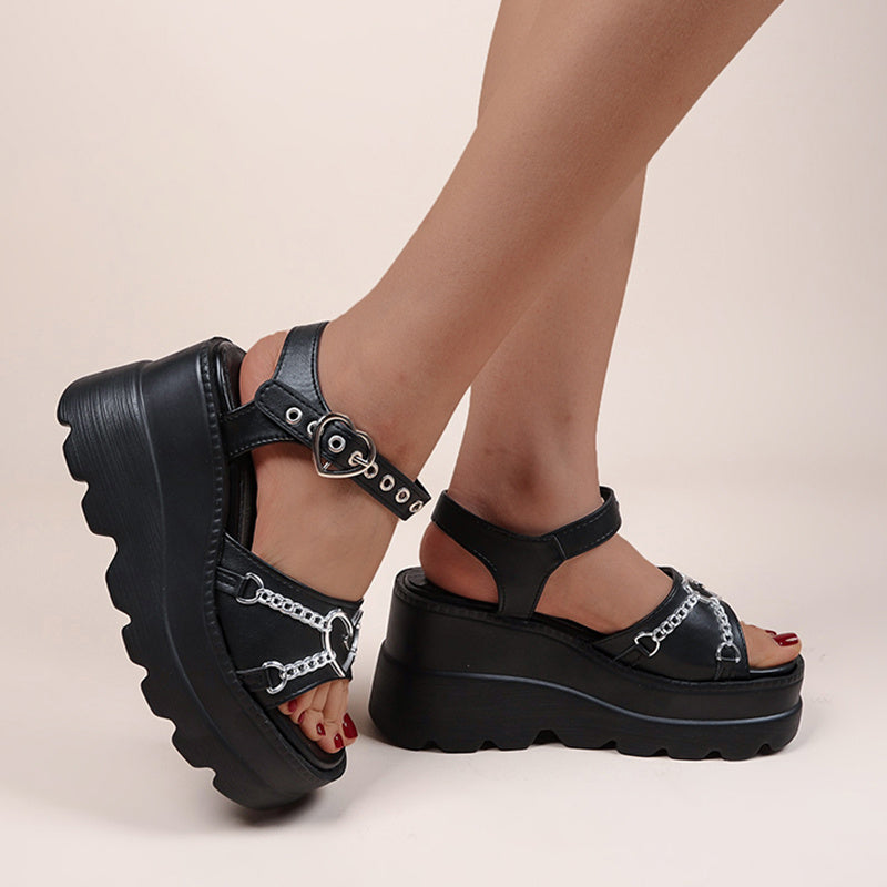 black Gothic Heart Sandals Wedge Platform