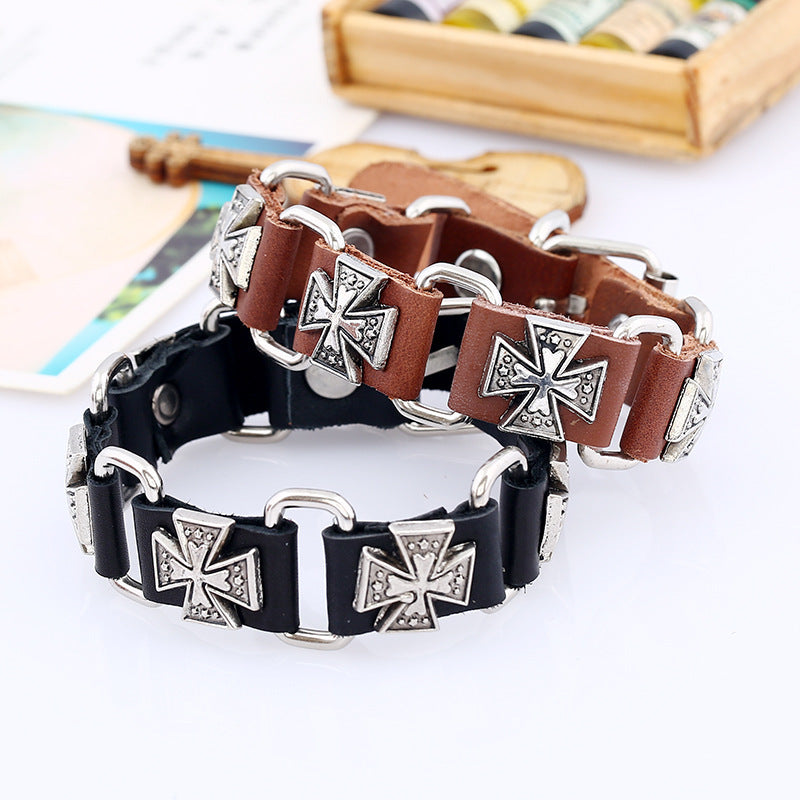 black Gothic Leather Cross Bracelet for Men