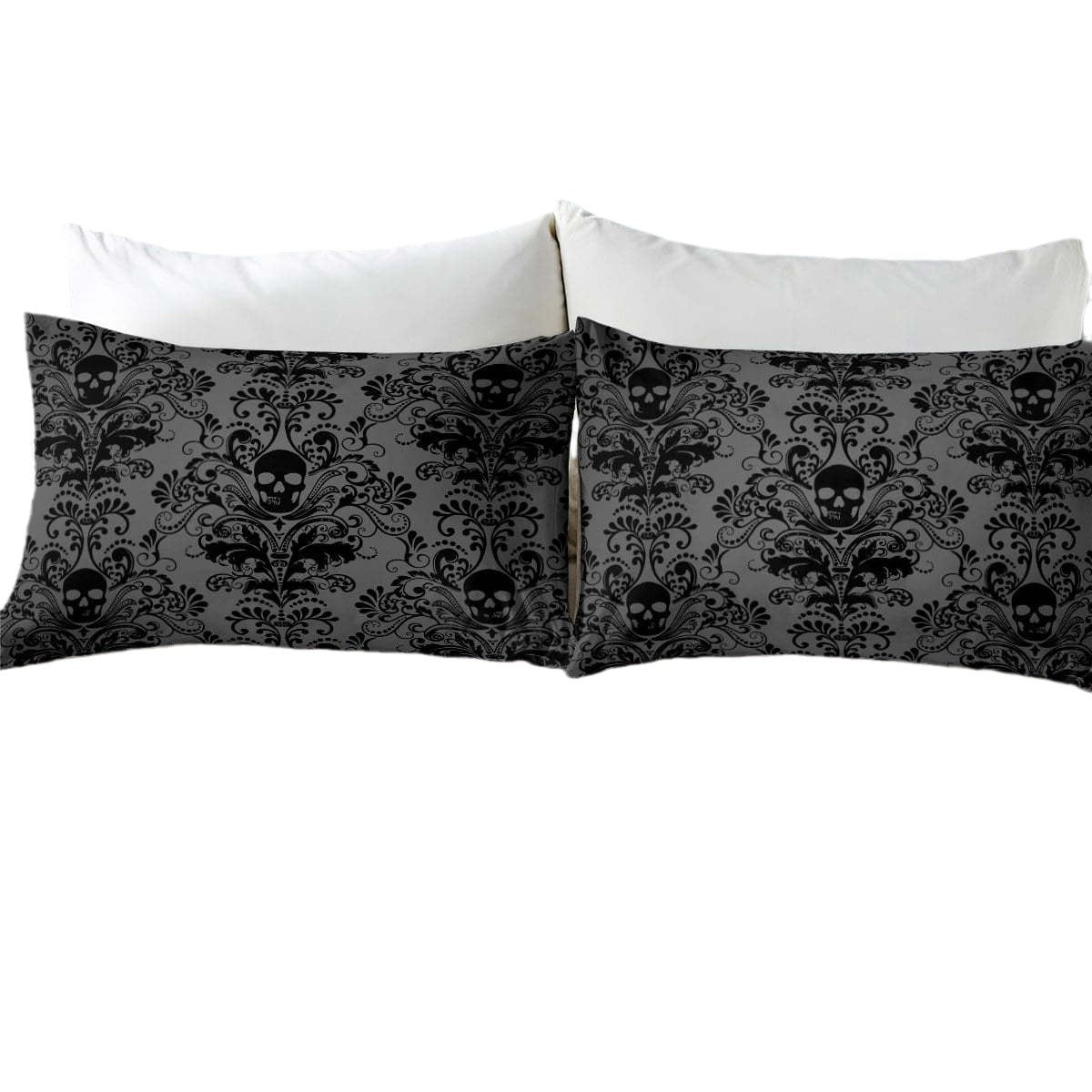 comforter set Gray Romantic Goth Bedding Set with Floral Skull Design