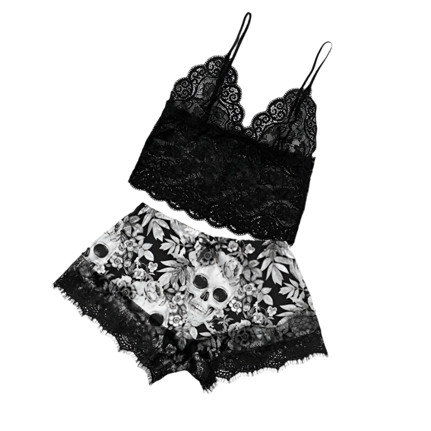 black sexy Lace Goth Pjs with Skulls