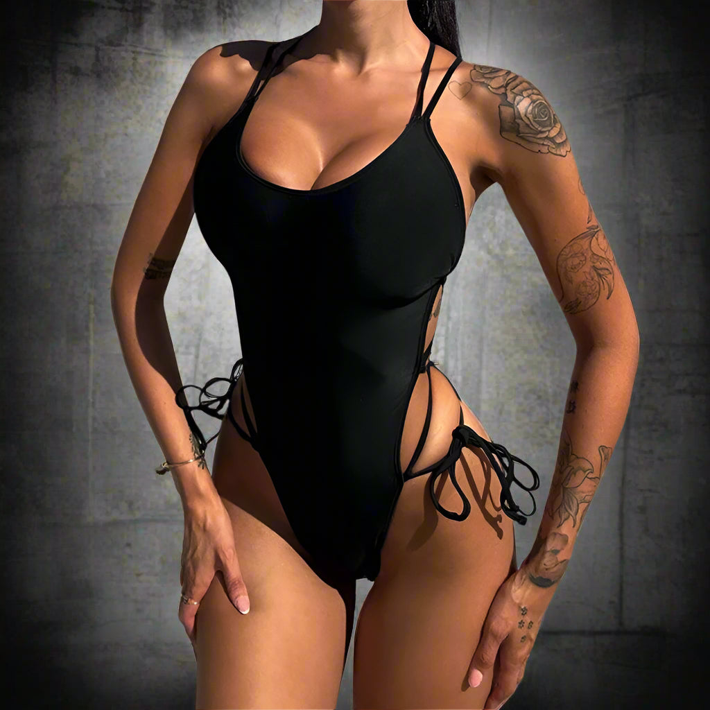 black Lace Up Gothic Swimsuit One Piece