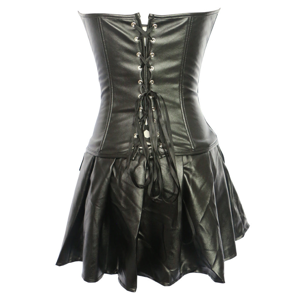 black Leather Corset Top with Skirt Set Co Ord