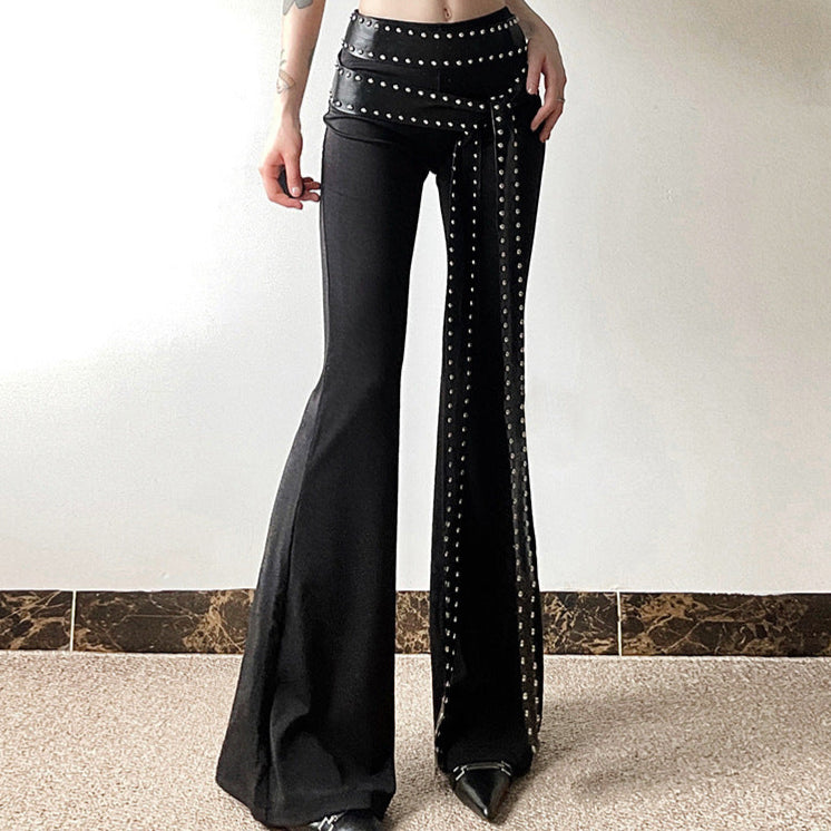 black Long Belt Flare Pants