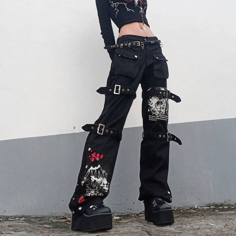 black Multiple Buckle Punk Pants Womens