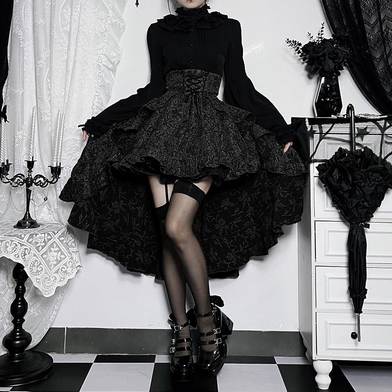 black Puffy Goth Lolita Skirt High Low