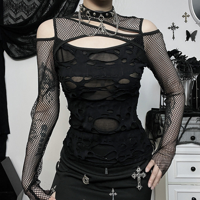 black Ripped Fishnet Long Sleeve Top