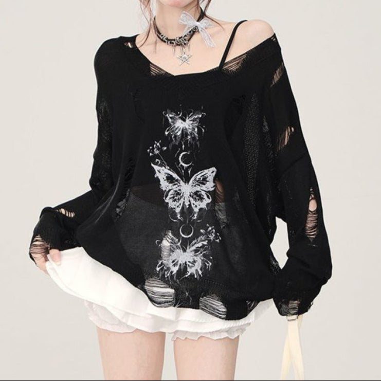 black Ripped White Goth Top Womens