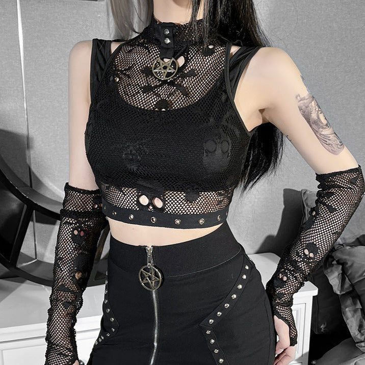 back Skull Crop Top with Fishnet Gloves